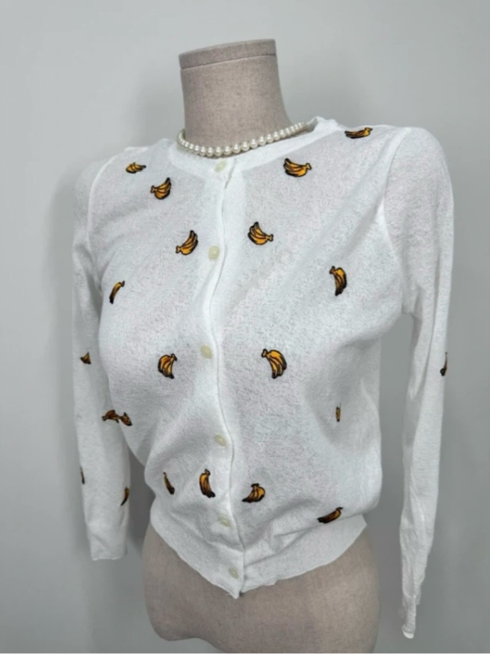 White Banana Embroidered Button-Up Sweater Cardigan